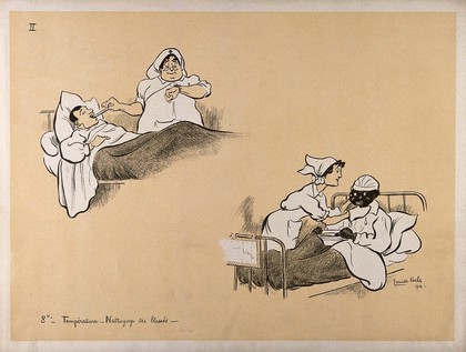 A French hospital for wounded soldiers, World War I: one nurse checks a patient's temperature, a second washes a black man's face. Colour lithograph after L. Ibels, 1916.