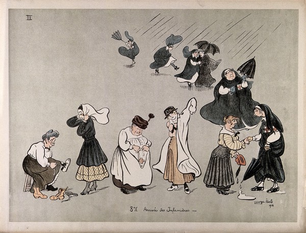 A French hospital for wounded soldiers, World War I: 8.30 am, nurses arrive for work in the rain, then change into their uniforms. Colour lithograph after L. Ibels, 1916.