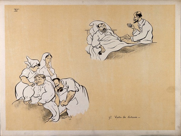 A French hospital for wounded soldiers, World War I: three staff listen for a patient's heart beat and a doctor reads a man's pulse. Colour lithograph after L. Ibels, 1916.