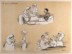 view A French hospital for wounded soldiers, World War I: one patient has his leg dressed, another gets injected and two nurses roll a bandage. Colour lithograph after L. Ibels, 1916.