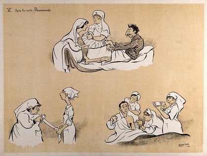 A French hospital for wounded soldiers, World War I: one patient has his leg dressed, another gets injected and two nurses roll a bandage. Colour lithograph after L. Ibels, 1916.