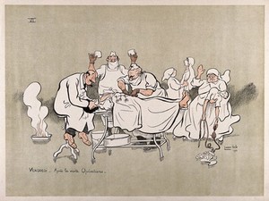 view A French hospital for wounded soldiers, World War I: an operating room with an anxious surgeon and fainting nurses. Colour lithograph after L. Ibels, 1916.