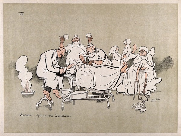 A French hospital for wounded soldiers, World War I: an operating room with an anxious surgeon and fainting nurses. Colour lithograph after L. Ibels, 1916.