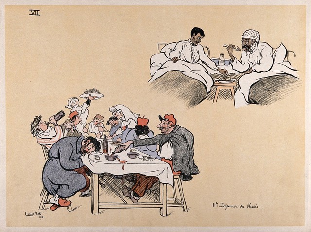 A French hospital for wounded soldiers, World War I: patients seated at a drunken dinner table and two bedridden patients with some meagre chips. Colour lithograph after L. Ibels, 1916.