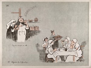 view A French hospital for wounded soldiers, World War I: two nurses have lunch at a patisserie, the others have a drunken meal at the hospital. Colour lithograph after L. Ibels, 1916.