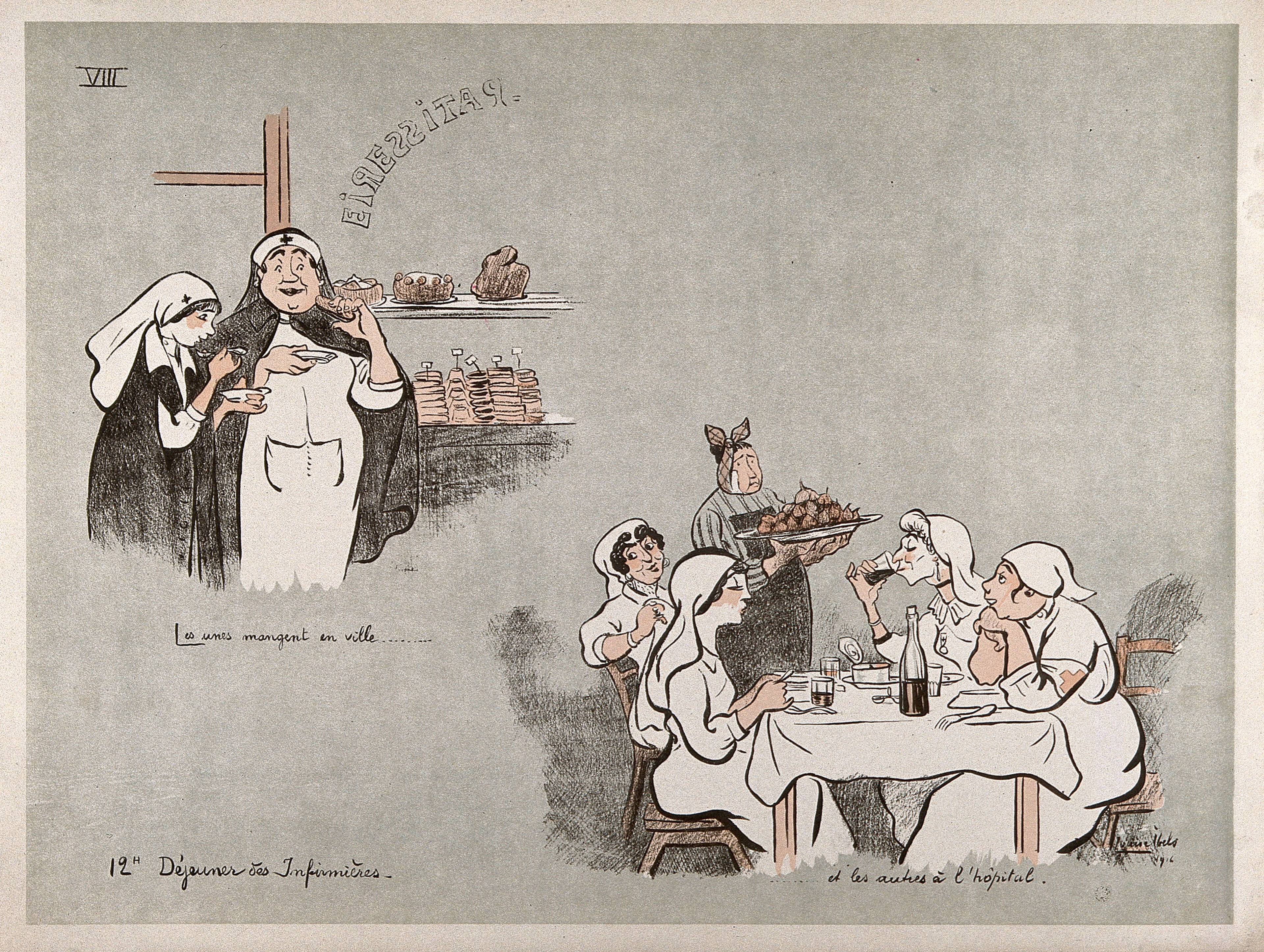 A French hospital for wounded soldiers, World War I: two nurses have lunch at a patisserie, the others have a drunken meal at the hospital. Colour lithograph after L. Ibels, 1916.