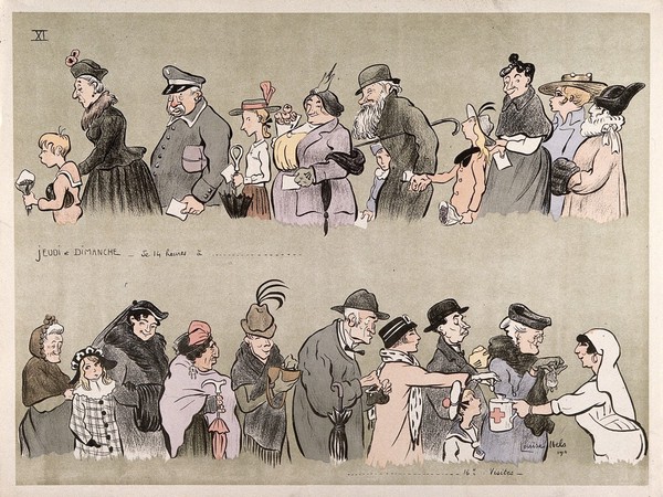 A French hospital for wounded soldiers, World War I: a queue of hospital visitors with a nurse collecting money for the hospital. Colour lithograph after L. Ibels, 1916.