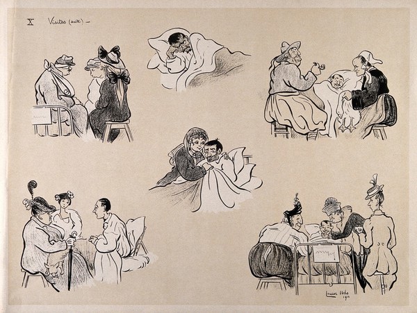 A French hospital for wounded soldiers, World War I: patients receiving women visitors, but a black soldier has no visitor. Colour lithograph after L. Ibels, 1916.