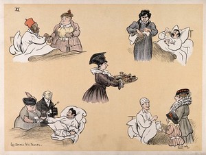 view A French hospital for wounded soldiers, World War I: charitable ladies visiting hospital patients with gifts of cigarettes and cakes. Coloured lithograph after L. Ibels, 1916.