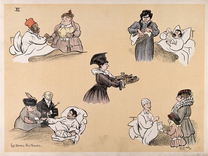 A French hospital for wounded soldiers, World War I: charitable ladies visiting hospital patients with gifts of cigarettes and cakes. Coloured lithograph after L. Ibels, 1916.