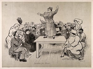 view A French hospital for wounded soldiers, World War I: staff, visitors and patients enjoying a concert, the singer stands on a table. Lithograph after L. Ibels, 1916.