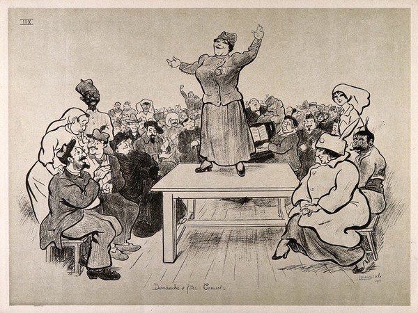 A French hospital for wounded soldiers, World War I: staff, visitors and patients enjoying a concert, the singer stands on a table. Lithograph after L. Ibels, 1916.