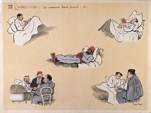 view A French hospital for wounded soldiers, World War I: patients engaged in reading, writing, playing cards, etc. Coloured lithograph after L. Ibels, 1916.