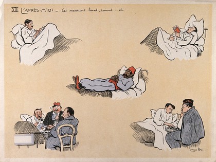A French hospital for wounded soldiers, World War I: patients engaged in reading, writing, playing cards, etc. Coloured lithograph after L. Ibels, 1916.