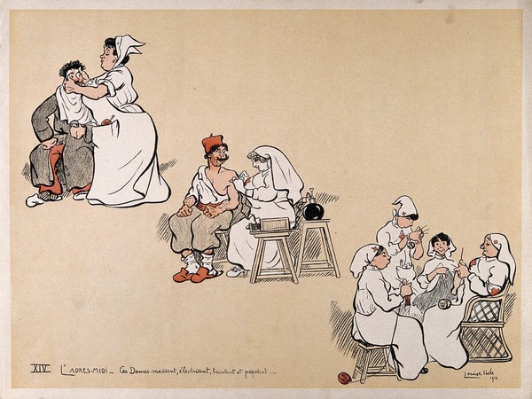 A French hospital for wounded soldiers, World War I: in the afternoon, nurses massage a patient, apply electrical muscle stimulation, knit and chat. Colour and coloured lithograph after L. Ibels, 1916.