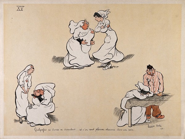 A French hospital for wounded soldiers, World War I: two nurses arguing and going to various places to cry. Colour lithograph after L. Ibels, 1916.