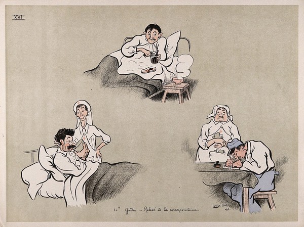 A French hospital for wounded soldiers, World War I: patients taking afternoon tea, and a nurse waiting to collect a letter from a slow writer. Colour lithograph after L. Ibels, 1916.