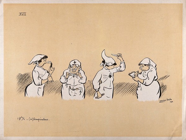 A French hospital for wounded soldiers, World War I: three nurses attempting to read thermometers as a fourth writes down the results. Colour lithograph after L. Ibels, 1916.