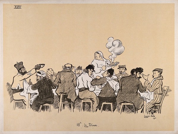 A French hospital for wounded soldiers, World War I: patients seated at the dinner table as a nurse brings steaming food. Colour lithograph after L. Ibels, 1916.