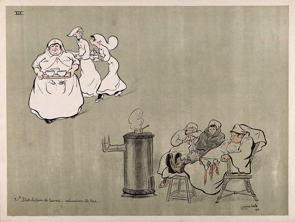 A French hospital for wounded soldiers, World War I: nurses carrying evening drinks; others fall asleep around the stove. Colour lithograph after L. Ibels, 1916.
