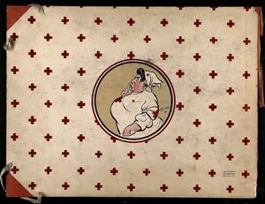 view A French hospital for wounded soldiers, World War I: a large-chested nurse in a "hush" gesture, surrounded by red crosses. Colour lithograph after L. Ibels, 1916.