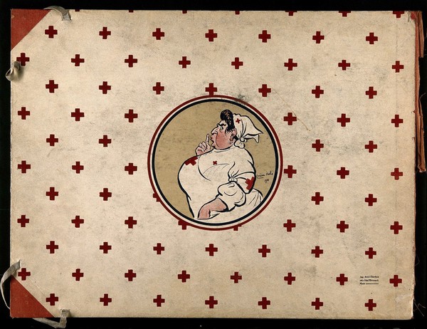 A French hospital for wounded soldiers, World War I: a large-chested nurse in a "hush" gesture, surrounded by red crosses. Colour lithograph after L. Ibels, 1916.