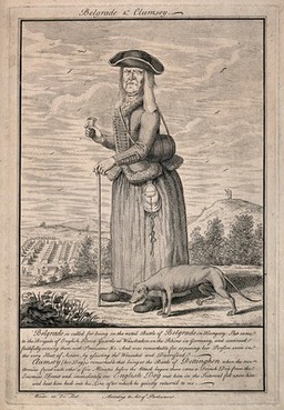 A wizened old woman with her dog, with the story of their bravery at the battles of Belgrade and Dettinghen. Line engraving, c.1743, after Winder.