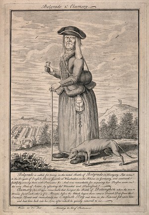 view A wizened old woman with her dog, with the story of their bravery at the battles of Belgrade and Dettinghen. Line engraving, c.1743, after Winder.