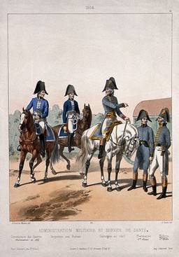 Five senior French army staff in military dress, including the chief surgeon, pharmacist and doctor, c. 1804. Coloured lithograph by G. David after A. de Marbot.