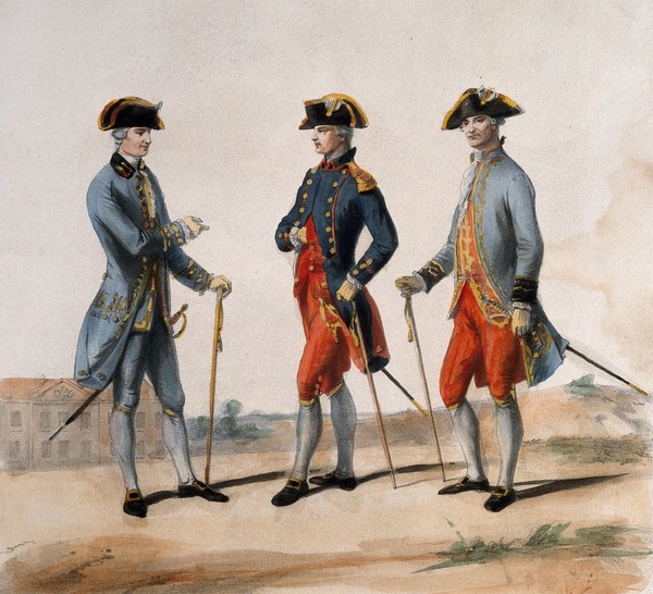 Three French army officers of the reign of Louis XVI in military dress: the inspectors of doctors, surgeons and the barracks. Coloured lithograph by G. David, 1854, after A. de Marbot.