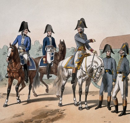 Five senior French army officers in military dress: two administrators, the chief surgeon, a pharmacist and a physician, ca. 1804. Coloured lithograph by G. David, ca. 1858, after A. de Marbot.