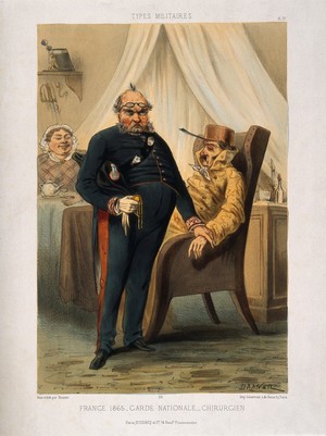 view A doctor serving in the French Garde Nationale (reserves) feeling the pulse of a frail old man who is seated in an armchair wearing a saucepan on his head. Coloured lithograph by Draner (Jules Renard), 1865.