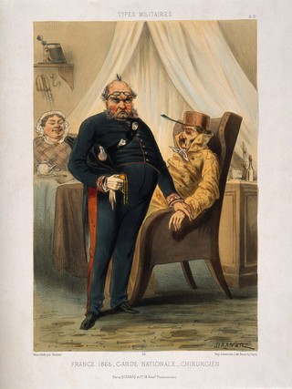 A doctor serving in the French Garde Nationale (reserves) feeling the pulse of a frail old man who is seated in an armchair wearing a saucepan on his head. Coloured lithograph by Draner (Jules Renard), 1865.