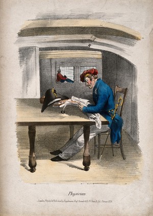 view A naval physician in uniform studying books at a large table. Coloured lithograph, 1829.