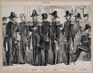 view Naval officers and men on a ship, dressed in the uniform of nine labelled ranks of the Royal Navy. Wood engraving.