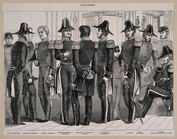 Naval officers and men on a ship, dressed in the uniform of nine labelled ranks of the Royal Navy. Wood engraving.