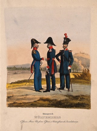 Three uniformed German army officers in the Kingdom of Württemberg, two from the disabled soldiers corps. Coloured lithograph by H.M.D. Monten, ca. 1838.