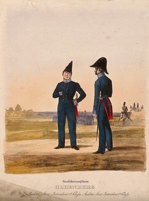 view Two uniformed German army doctors standing in the grounds of the House of Oldenburg. Coloured lithograph, c. 1870.