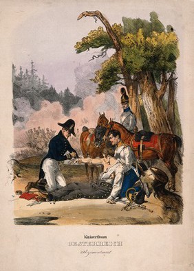 A German army medical officer treating a wounded man who is supported by a third soldier, in the open air. Coloured lithograph, c.1870.