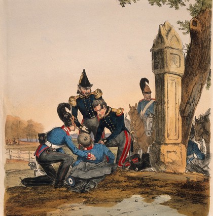 A uniformed German army doctor treats a wounded soldier on a hilltop while others assist and stand nearby. Coloured lithograph, c. 1870.