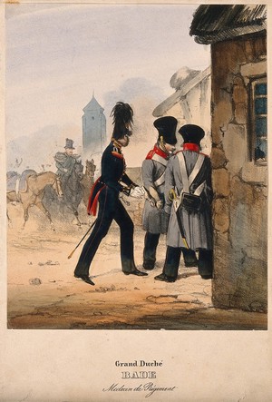 view A uniformed German army doctor arriving at the scene of an accident. Coloured lithograph, c. 1870.