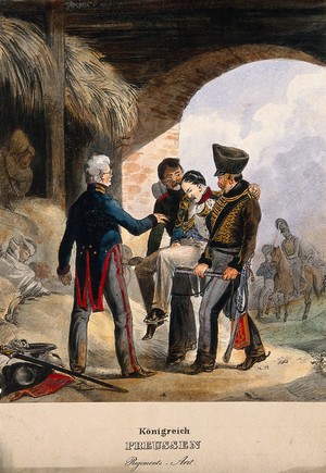 view Two uniformed German soldiers carrying in a battle victim to a military doctor who waits in a barn. Coloured lithograph, c. 1870.