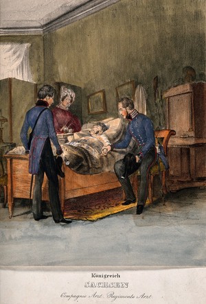 view A German army doctor sits at a patient's bedside: a second soldier and a woman stand by. Coloured lithograph, c. 1870.