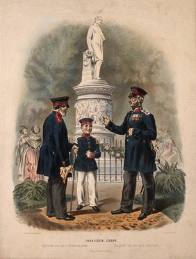 Two uniformed war veterans with a young soldier by a statue in the Siegesallee, Berlin. Coloured lithograph by C. F. Schindler, c. 1900.