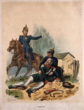 A wounded soldier is helped on the ground by a medical officer under instruction from a mounted army doctor. Coloured lithograph by C. F. Schindler, c. 1900.