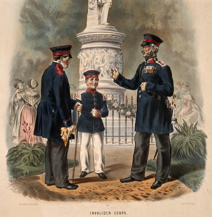 Two uniformed war veterans with a young soldier by a statue in the Siegesallee, Berlin. Coloured lithograph by C. F. Schindler, c. 1900.