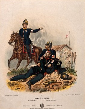 A wounded soldier is helped on the ground by a medical officer under instruction from a mounted army doctor. Chromolithograph produced with a pantograph by C. F. Schindler, c. 1900.