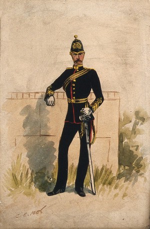 view A uniformed soldier from the army medical staff. Watercolour, 1886.