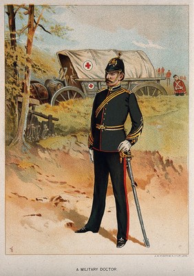 A uniformed British military doctor in front of a Red Cross horse-drawn cart. Chromolithograph, c. 1870.