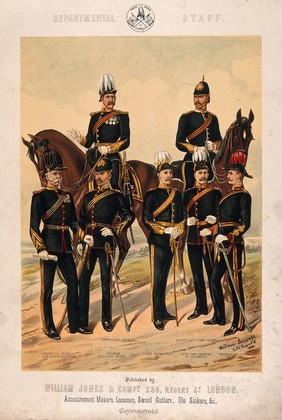 Seven uniformed senior British army staff, two of whom are mounted. Chromolithograph, c. 1880.